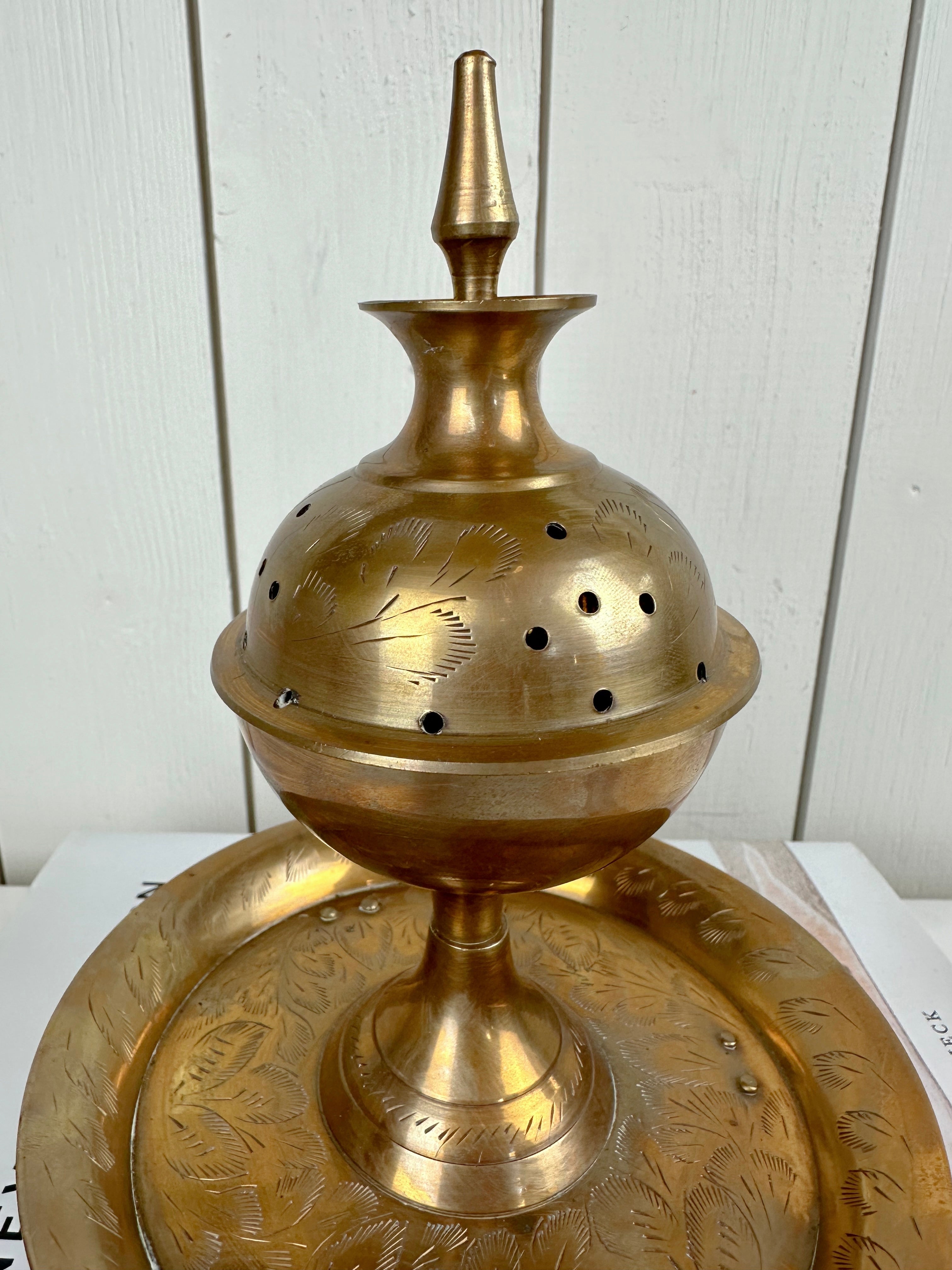 vintage footed brass incense burner with tray