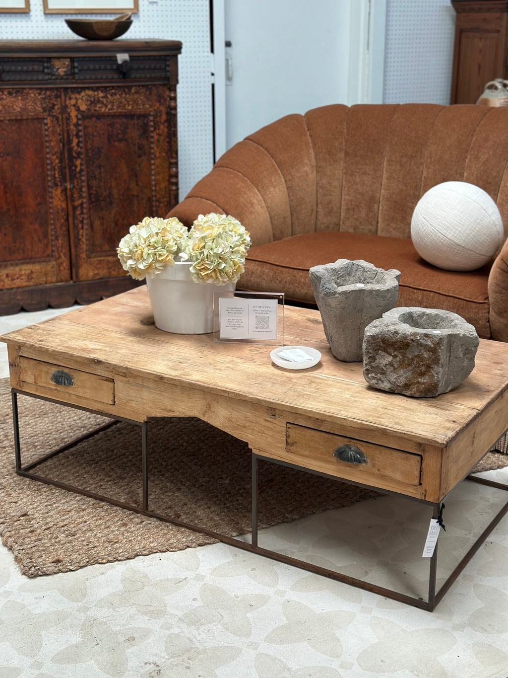 VINTAGE WOOD AND METAL COFFEE TABLE