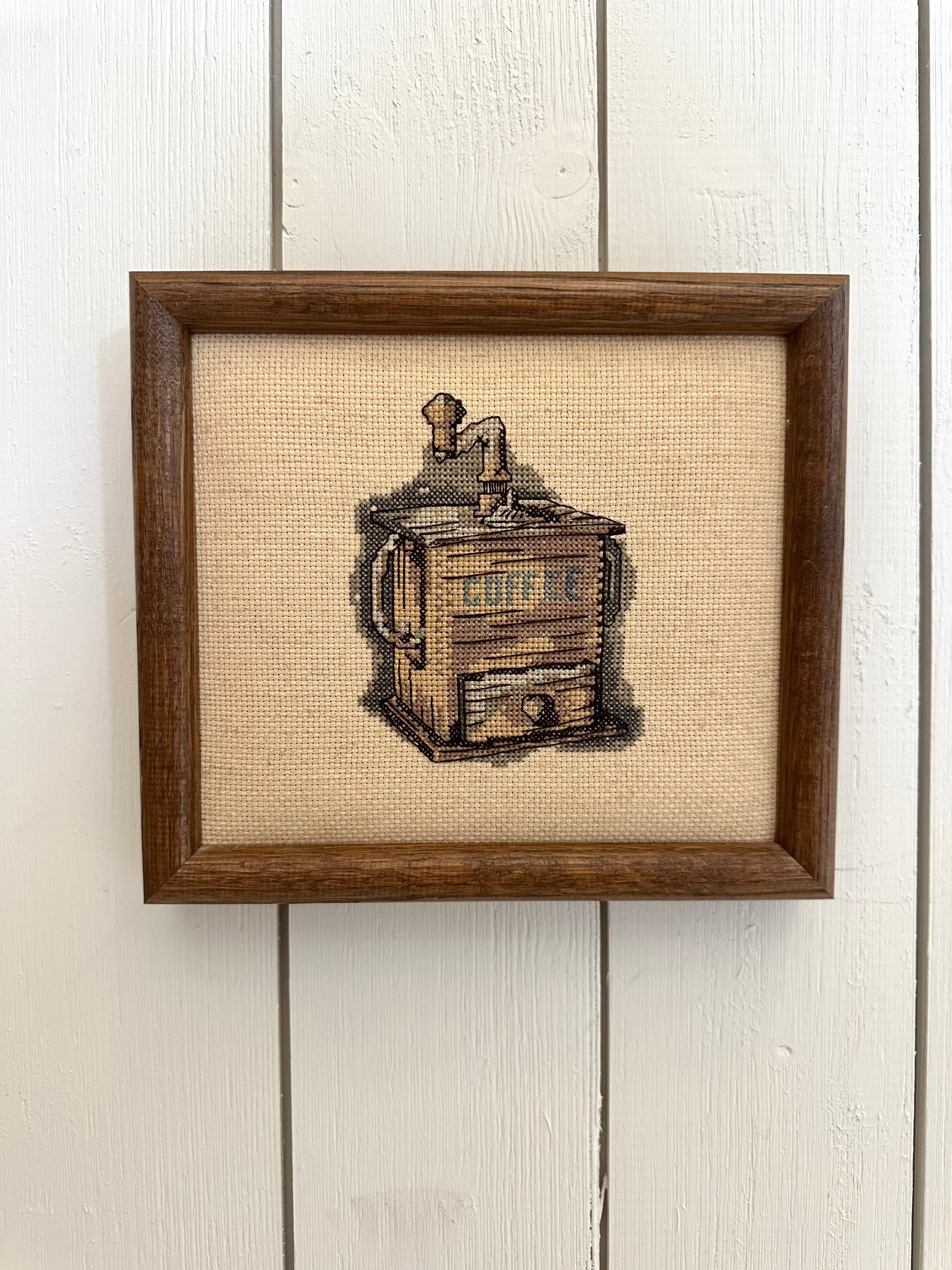 vintage wood frame cross stitched coffee grinder