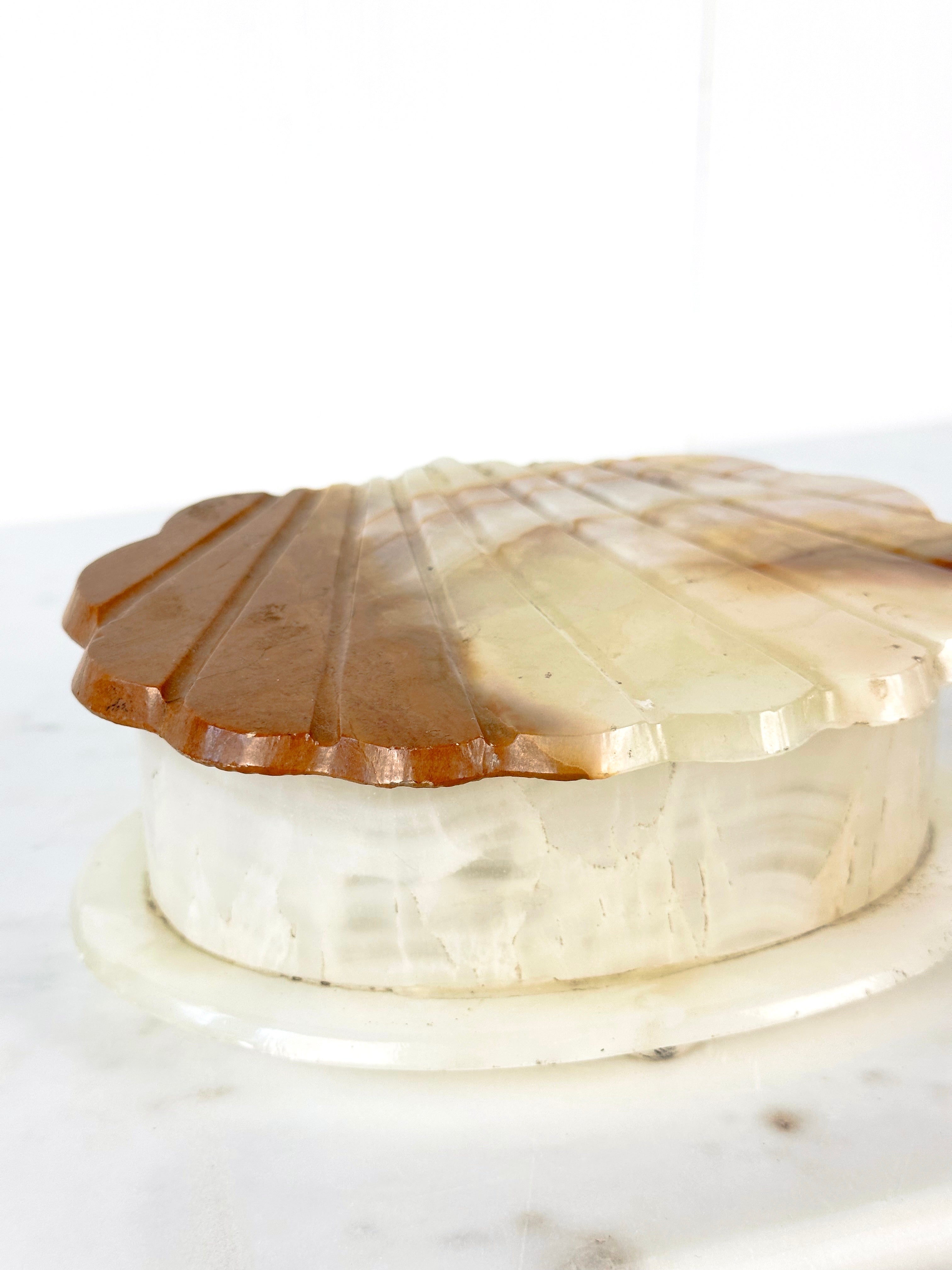 scalloped, shell shaped hand carved onyx stone trinket box