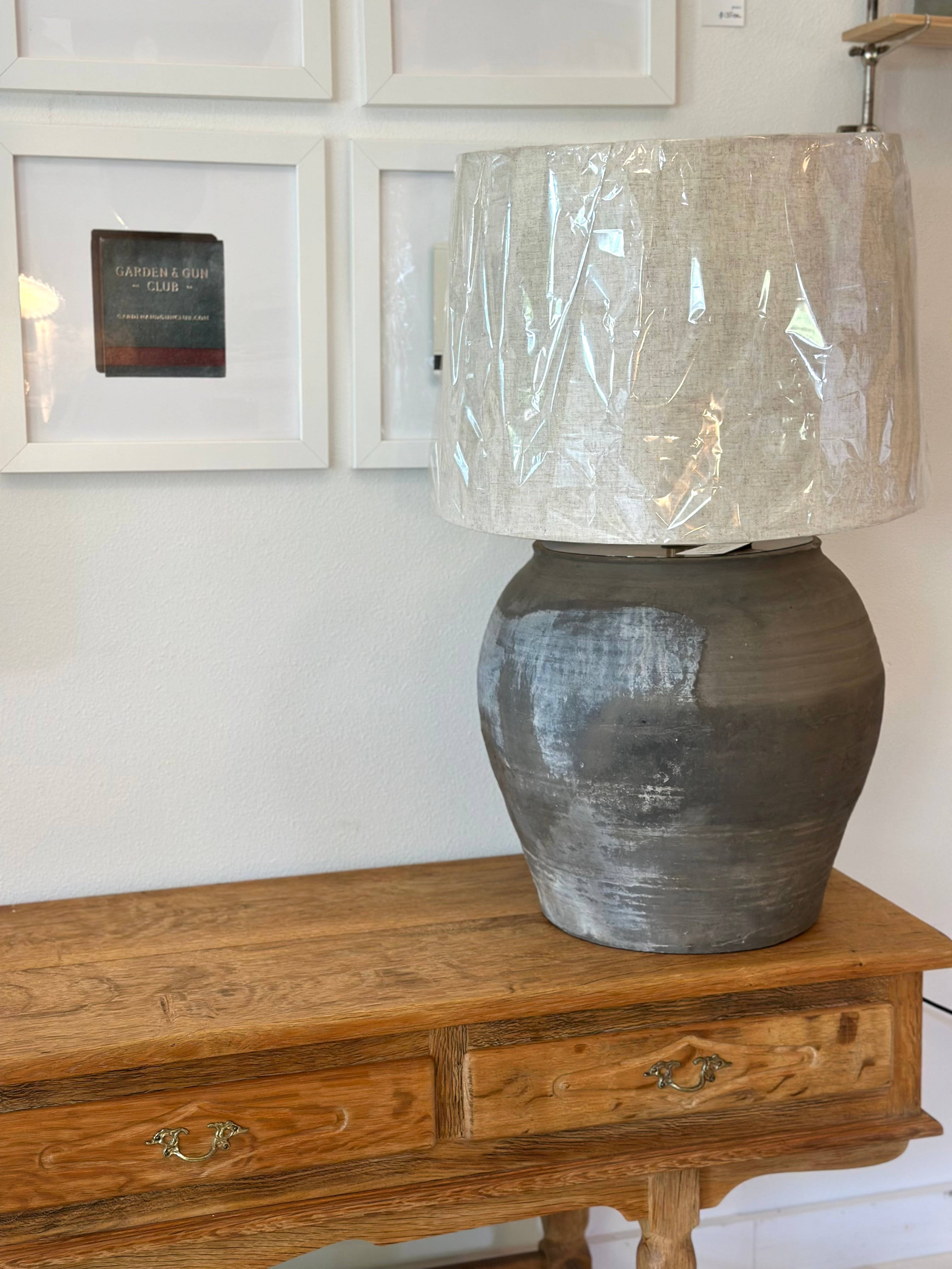 VINTAGE POTTERY LAMP + SHADE