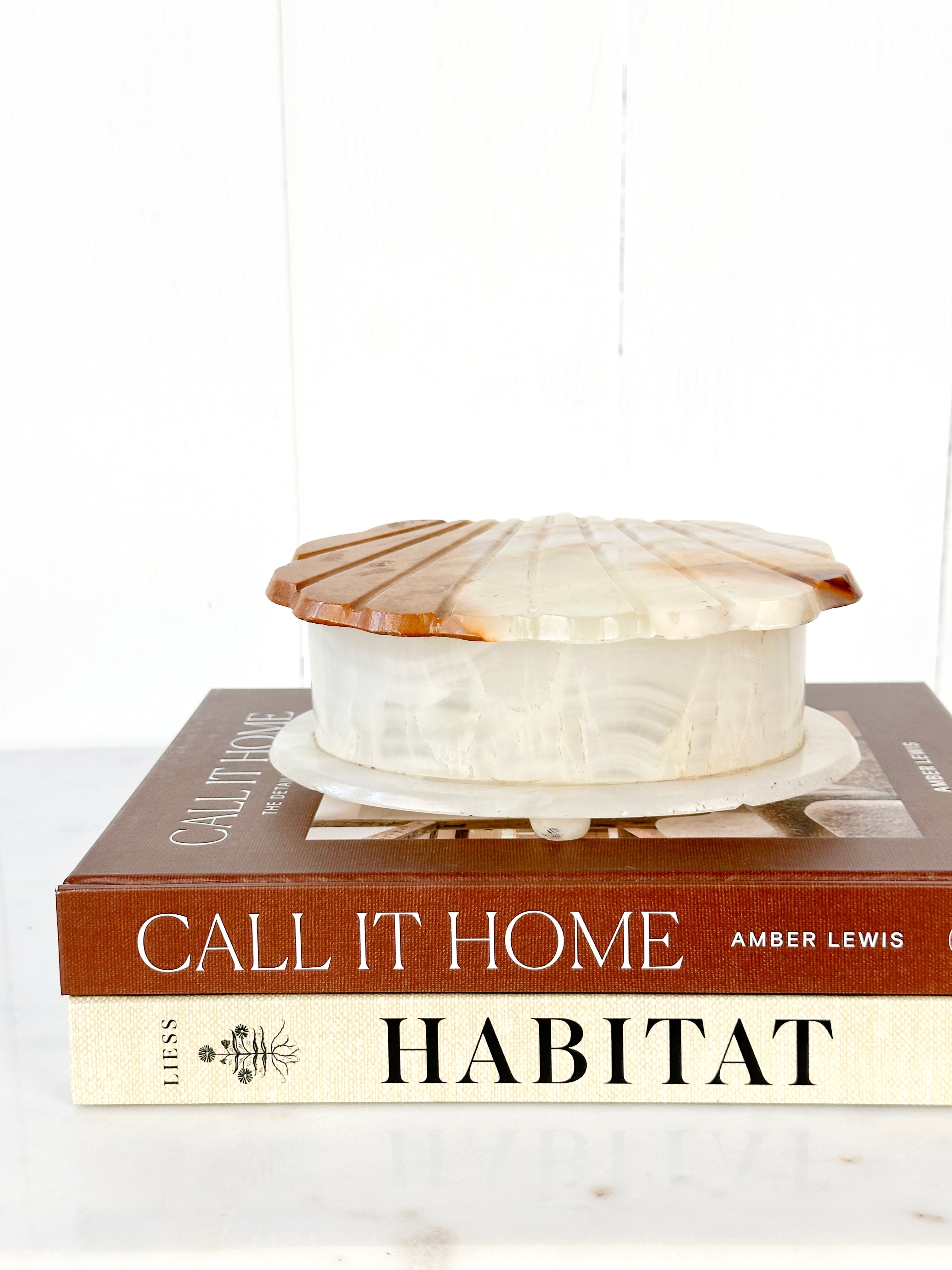 scalloped, shell shaped hand carved onyx stone trinket box