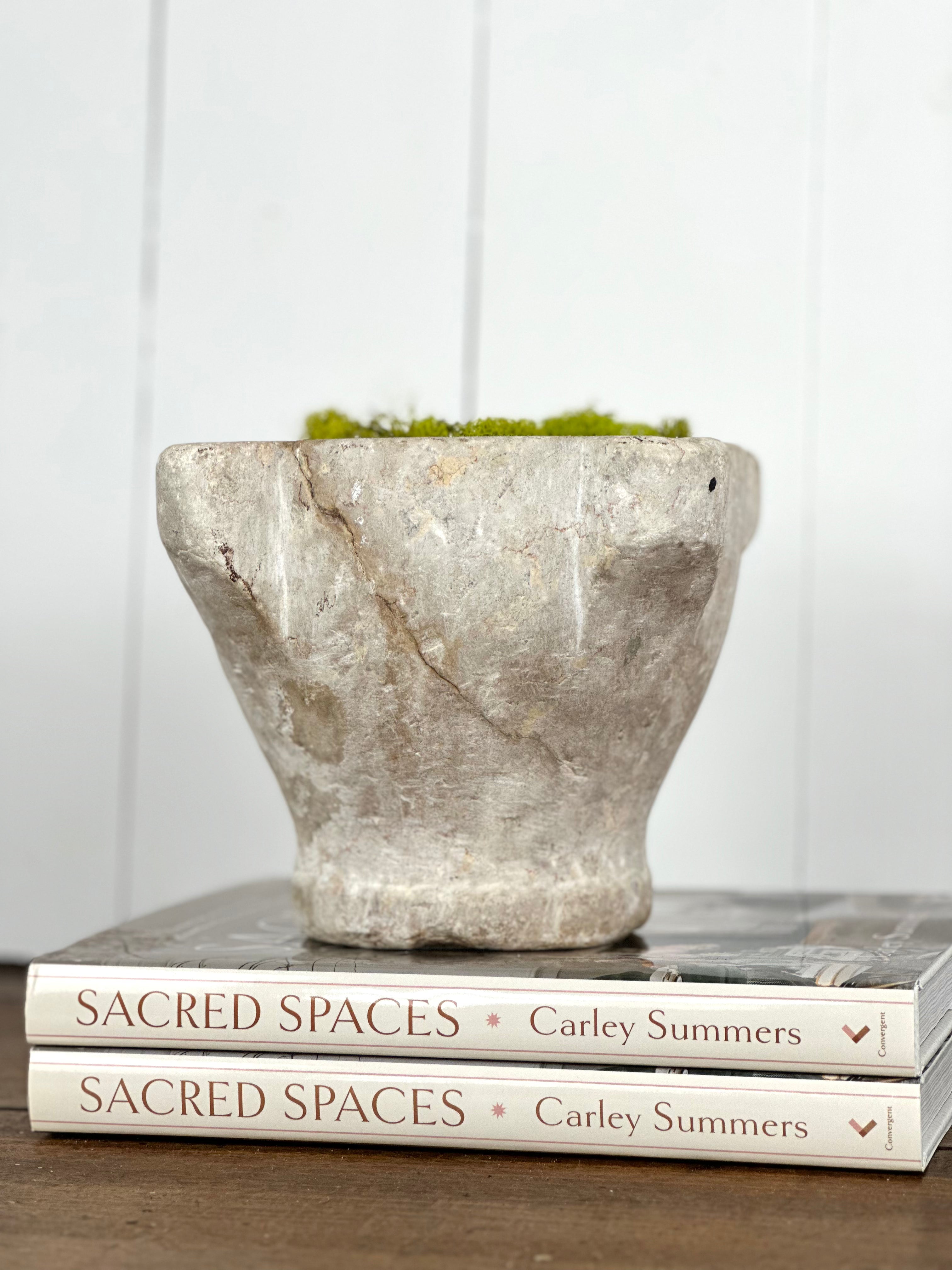 ANTIQUE FRENCH STONE MORTAR STYLED WITH MOSS 