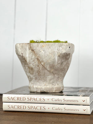 ANTIQUE FRENCH STONE MORTAR STYLED WITH MOSS 