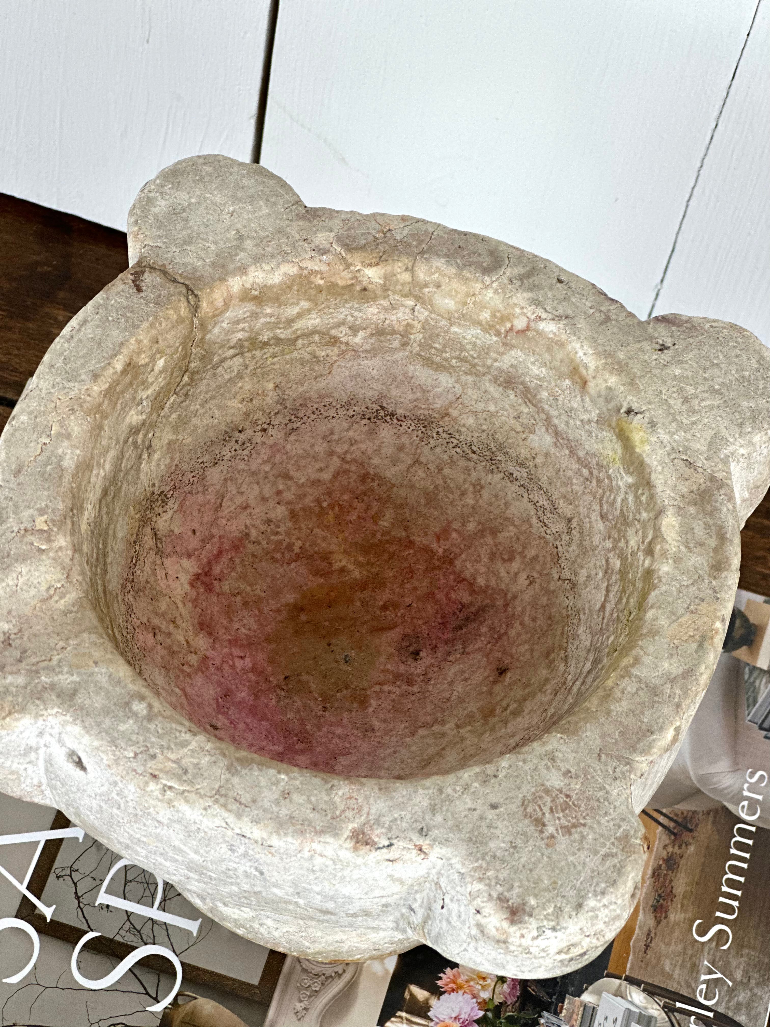 ANTIQUE FRENCH STONE MORTAR WITH MOSS TOP VIEW