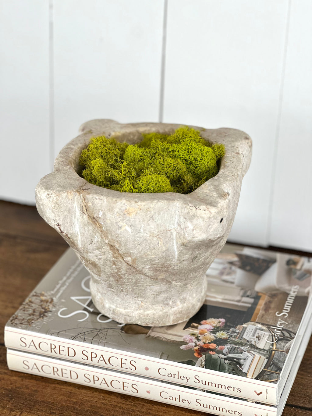 ANTIQUE FRENCH STONE MORTAR WITH MOSS 
