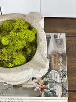 ANTIQUE FRENCH STONE MORTAR WITH MOSS TOP VIEW