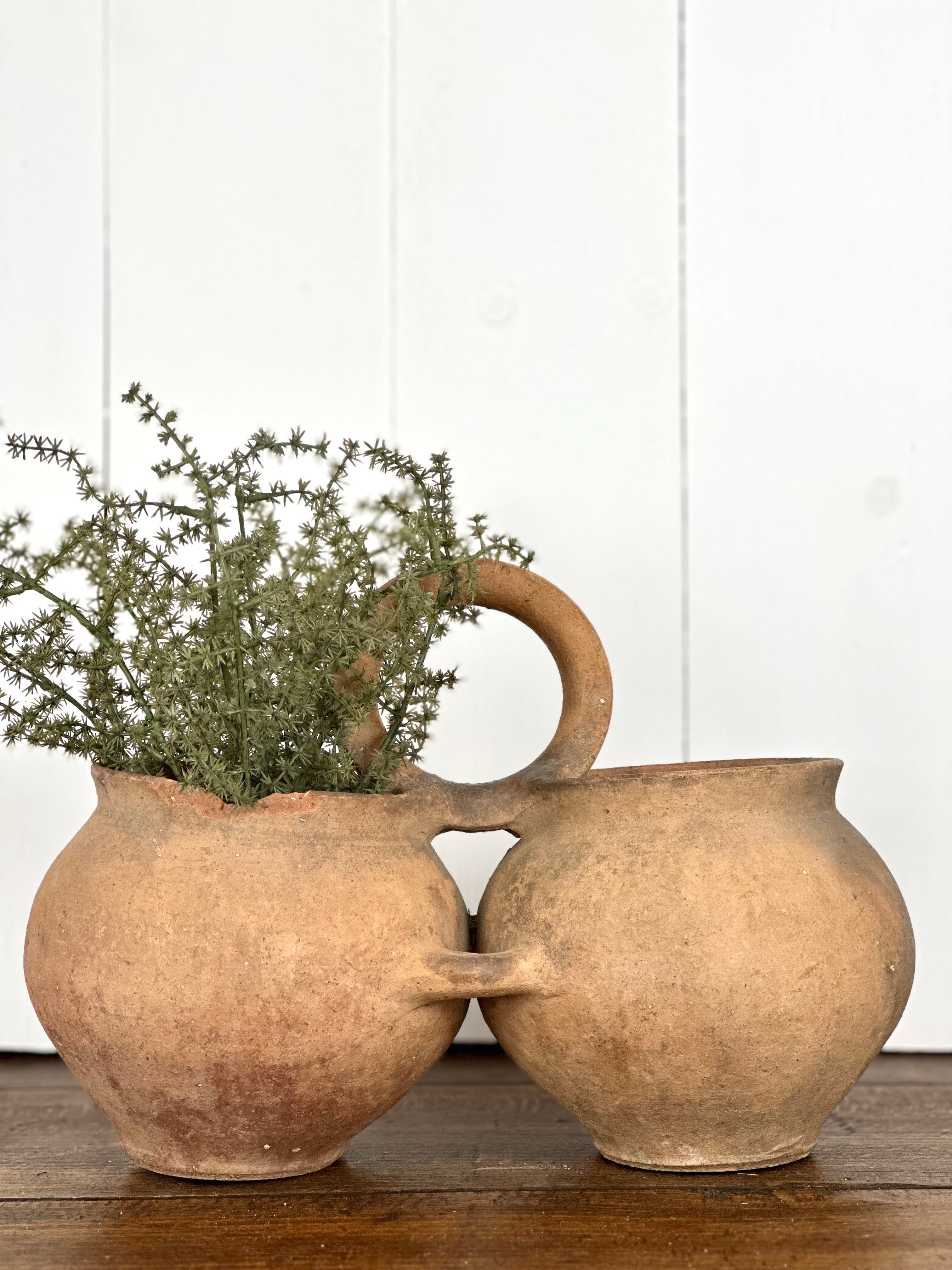 ANTIQUE HANDLED DOUBLE TERRA COTTA POT WITH GREENS