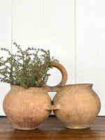 ANTIQUE HANDLED DOUBLE TERRA COTTA POT WITH GREENS