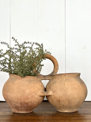ANTIQUE HANDLED DOUBLE TERRA COTTA POT WITH GREENS