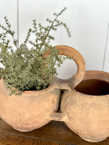 ANTIQUE HANDLED DOUBLE TERRA COTTA POT WITH GREENS