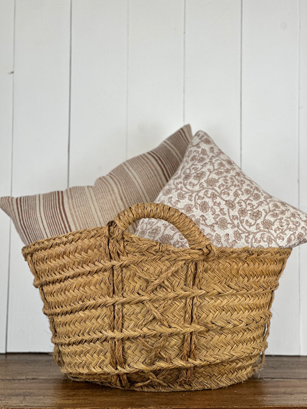 ANTIQUE SPANISH GATHERING BASKET STYLED WITH PILLOWS 