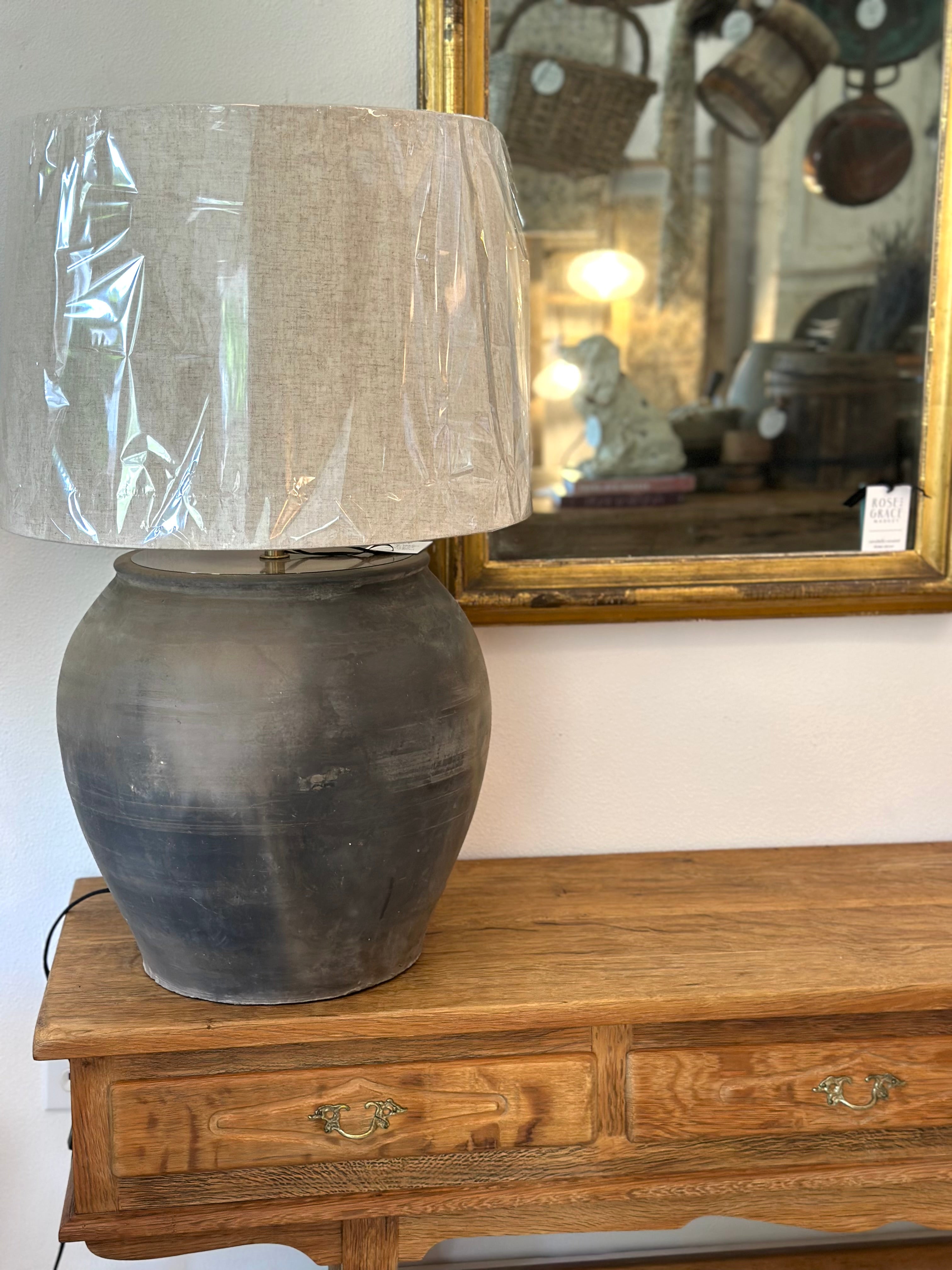 VINTAGE POTTERY LAMP + SHADE