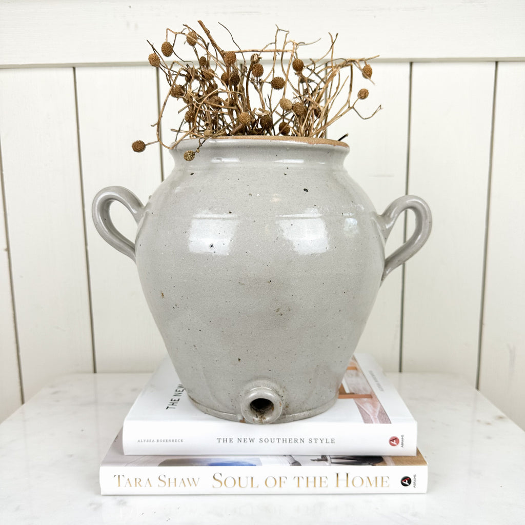Vintage french glazed double handled confit jar with spout