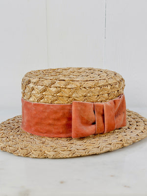 1930s straw boaters hat with peach velvet bow 