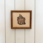 vintage wood frame cross stitched coffee grinder