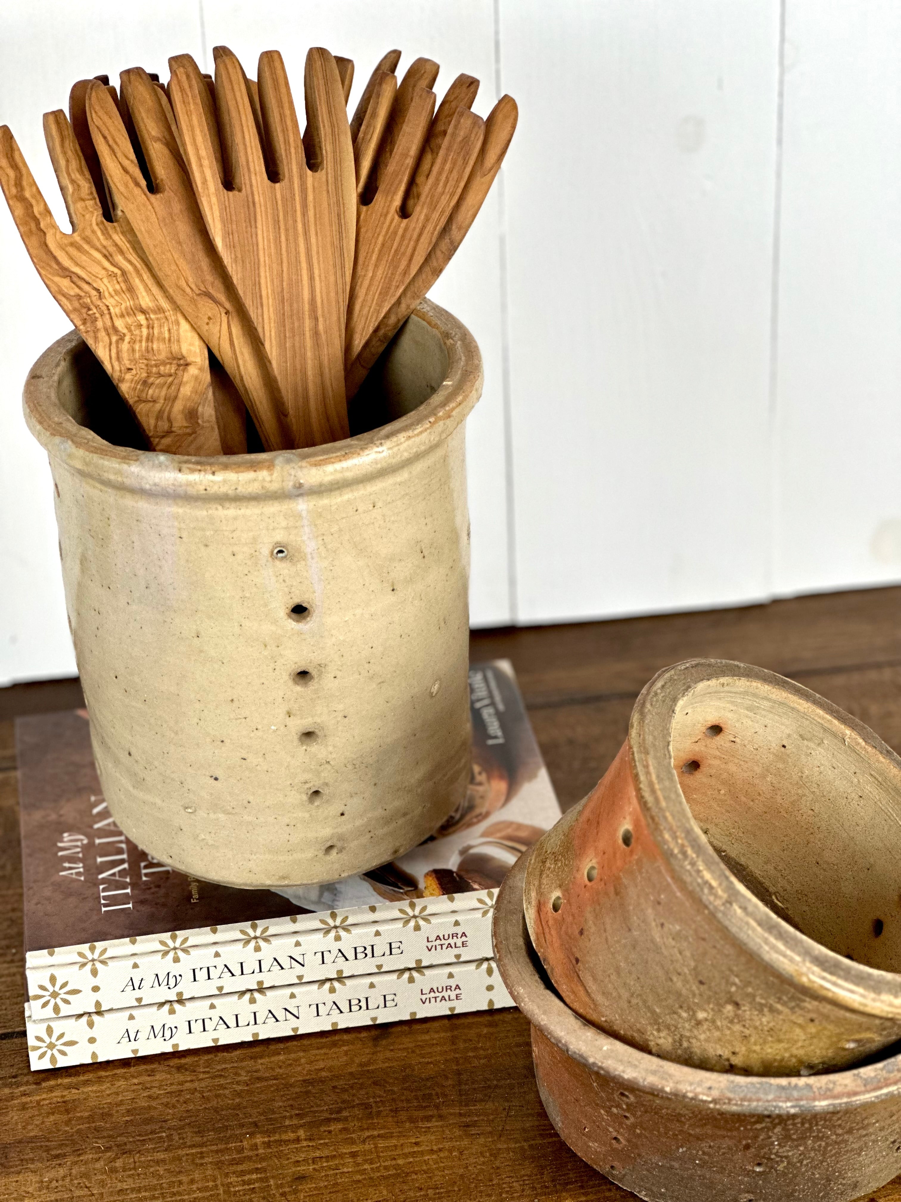 FRENCH STONEWARE FAISSELLE STYLED WITH KITCHEN TOOLS