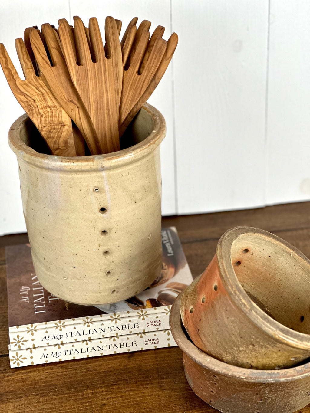 FRENCH STONEWARE FAISSELLE STYLED WITH KITCHEN TOOLS