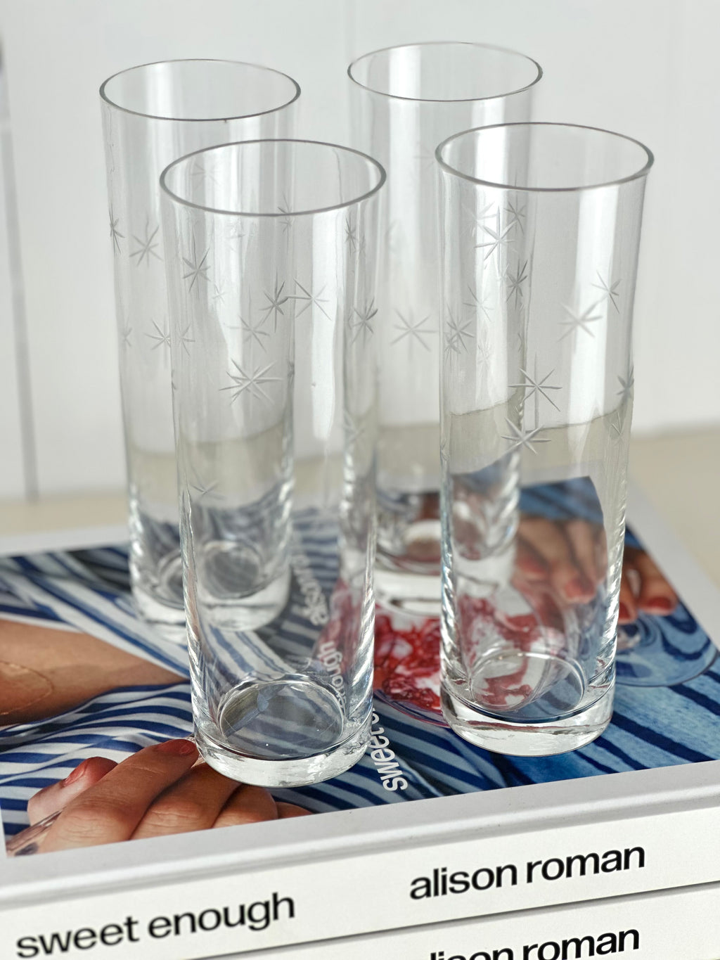 highball etched glass mid century star cocktail glass